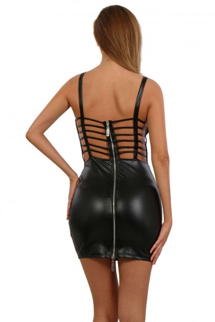 ROBE COURTE À BRETELLES EN WETLOOK - TAILLE S - NOIR - 19202-BK