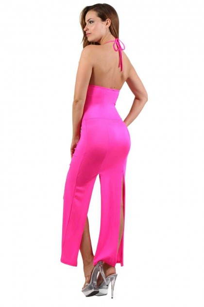 ROBE LONGUE LYCRA DOS NU SANS MANCHES - TAILLE S/M - FUCHSIA - 1078-FS