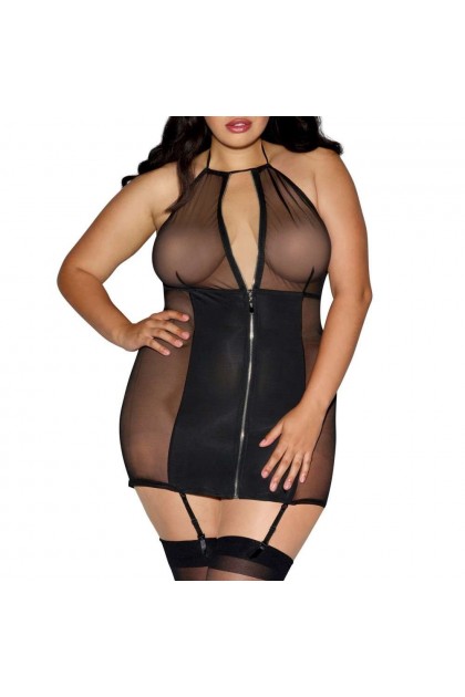 GUÊPIÈRE NOIRE AVEC TRANSPARENCE ET DÉCOLLETÉ AJUSTABLE PAR ZIP - QS