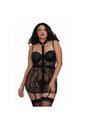 GUÊPIÈRE GRANDE TAILLE DENTELLE NOIRE AVEC TOUR DE COU - TAILLE 4XL