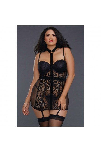 GUÊPIÈRE GRANDE TAILLE DENTELLE NOIRE AVEC TOUR DE COU - TAILLE 4XL