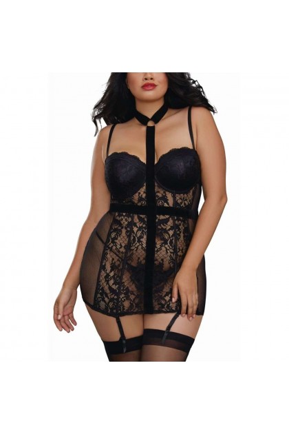 GUÊPIÈRE GRANDE TAILLE DENTELLE NOIRE AVEC TOUR DE COU - TAILLE 4XL
