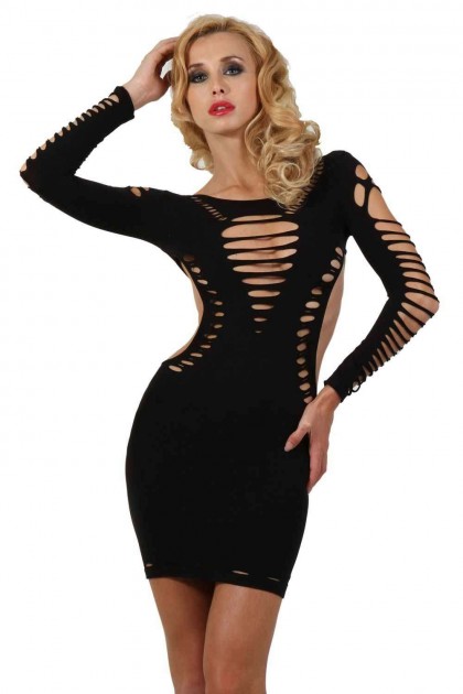 ROBE FILET À MANCHES LONGUE - TAILLE UNIQUE - NOIR - B9462-BK - SPAZM