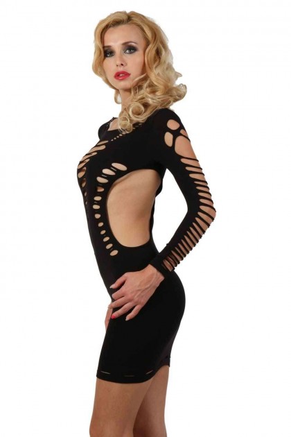 ROBE FILET À MANCHES LONGUE - TAILLE UNIQUE - NOIR - B9462-BK - SPAZM