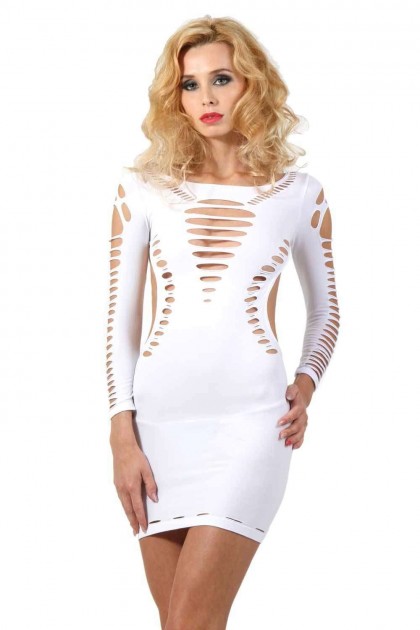 ROBE FILET À MANCHES LONGUE - TAILLE UNIQUE - BLANC - B9462-WH - SPAZM
