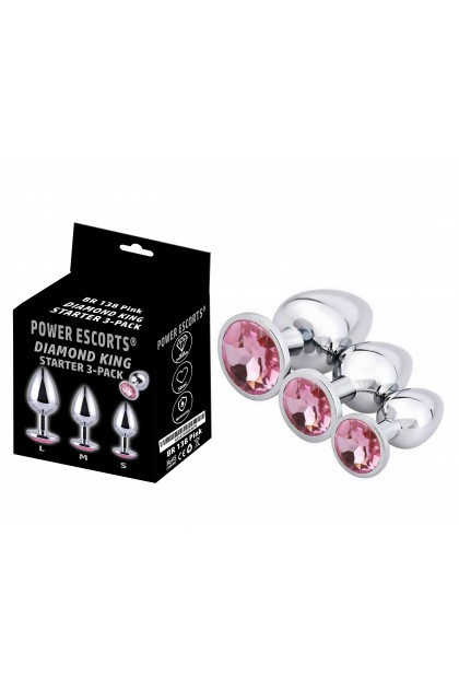 COFFRET 3 PLUGS ALUMINIUM ARGENT - S - M - L - STRASS ROSE - BR138