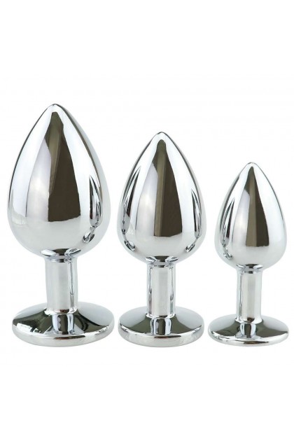 COFFRET 3 PLUGS ALUMINIUM ARGENT - S - M - L - STRASS ROSE - BR138