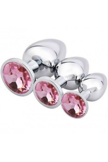 COFFRET 3 PLUGS ALUMINIUM ARGENT - S - M - L - STRASS ROSE - BR138