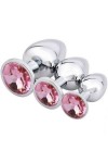 Coffret 3 plugs aluminium argent - S - M - L - STRASS ROSE - BR138