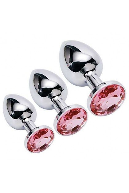 COFFRET 3 PLUGS ALUMINIUM ARGENT - S - M - L - STRASS ROSE - BR138