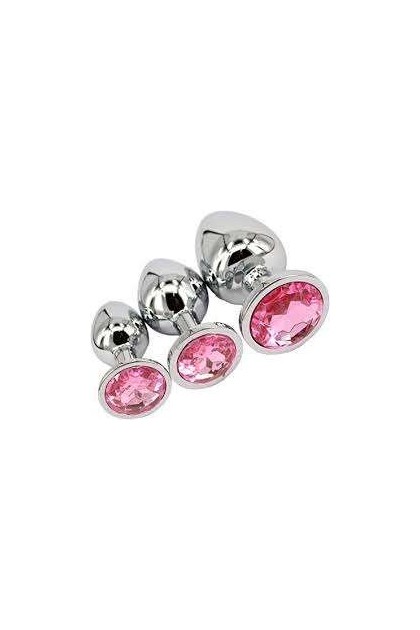 COFFRET 3 PLUGS ALUMINIUM ARGENT - S - M - L - STRASS ROSE - BR138