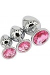 COFFRET 3 PLUGS ALUMINIUM ARGENT - S - M - L - STRASS ROSE - BR138