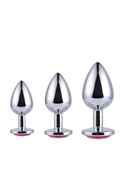 Coffret 3 plugs aluminium argent - S - M - L - STRASS ROUGE - BR138