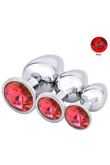 COFFRET 3 PLUGS ALUMINIUM ARGENT - S - M - L - STRASS ROUGE - BR138