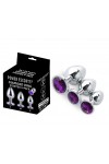 COFFRET 3 PLUGS ALUMINIUM ARGENT - S - M - L - STRASS VIOLET - BR138