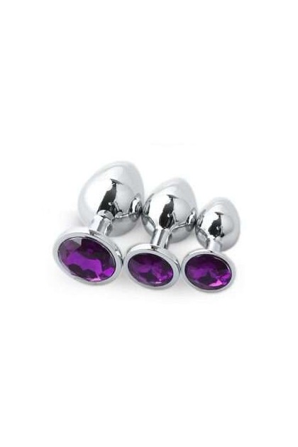 Coffret 3 plugs aluminium argent - S - M - L - STRASS VIOLET - BR138