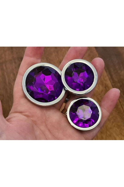Coffret 3 plugs aluminium argent - S - M - L - STRASS VIOLET - BR138