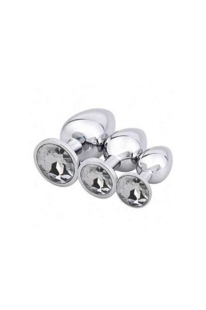 COFFRET 3 PLUGS ALUMINIUM ARGENT - S - M - L - STRASS BLANC - BR138