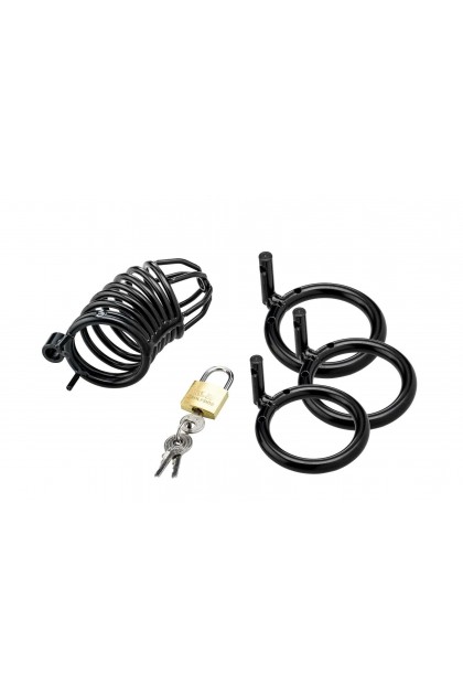Cage de chasteté noire avec 3 cockrings 40mm - 45MM - 50 MM