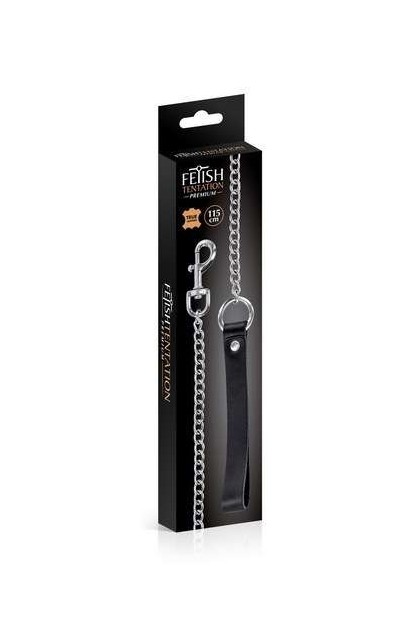 Laisse fétichiste 115cm chaîne métal poignée cuir