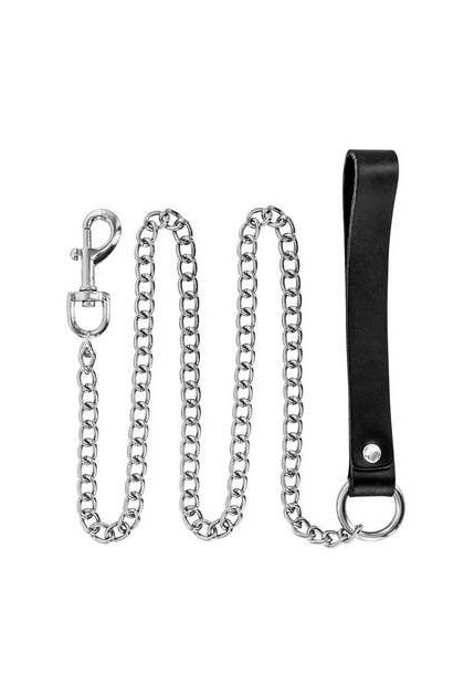 Laisse fétichiste 115cm chaîne métal poignée cuir