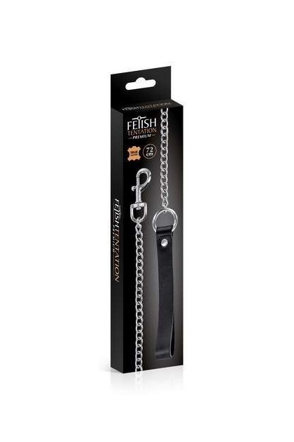 Laisse fétichiste 72cm chaîne métal poignée cuir