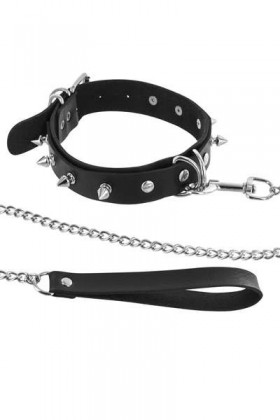 COLLIER NOIR POINTES ET LAISSE MÉTALLIQUES
