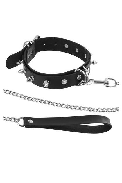 COLLIER NOIR POINTES ET LAISSE MÉTALLIQUES