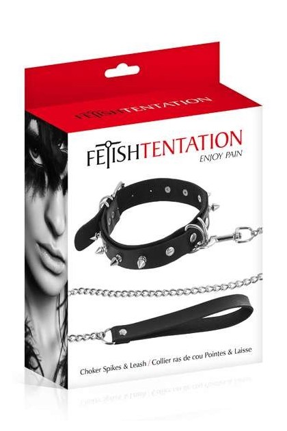 COLLIER NOIR POINTES ET LAISSE MÉTALLIQUES